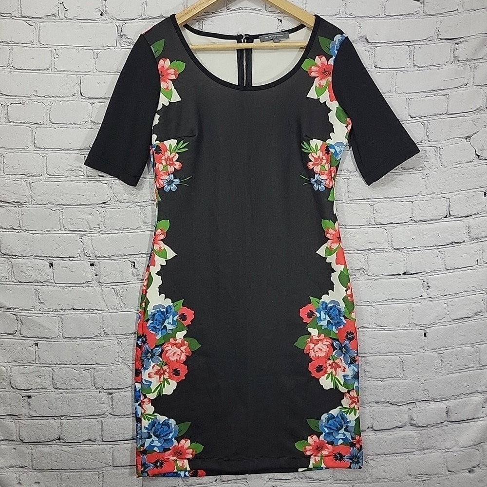 NY Collection Dress Womens S Small Back Zip Scoop Neck Black Floral
